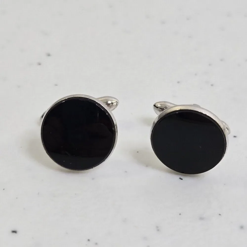 Swank Cufflinks Black Enamel Circle Silver Tone Shiny Black Onyx Bar